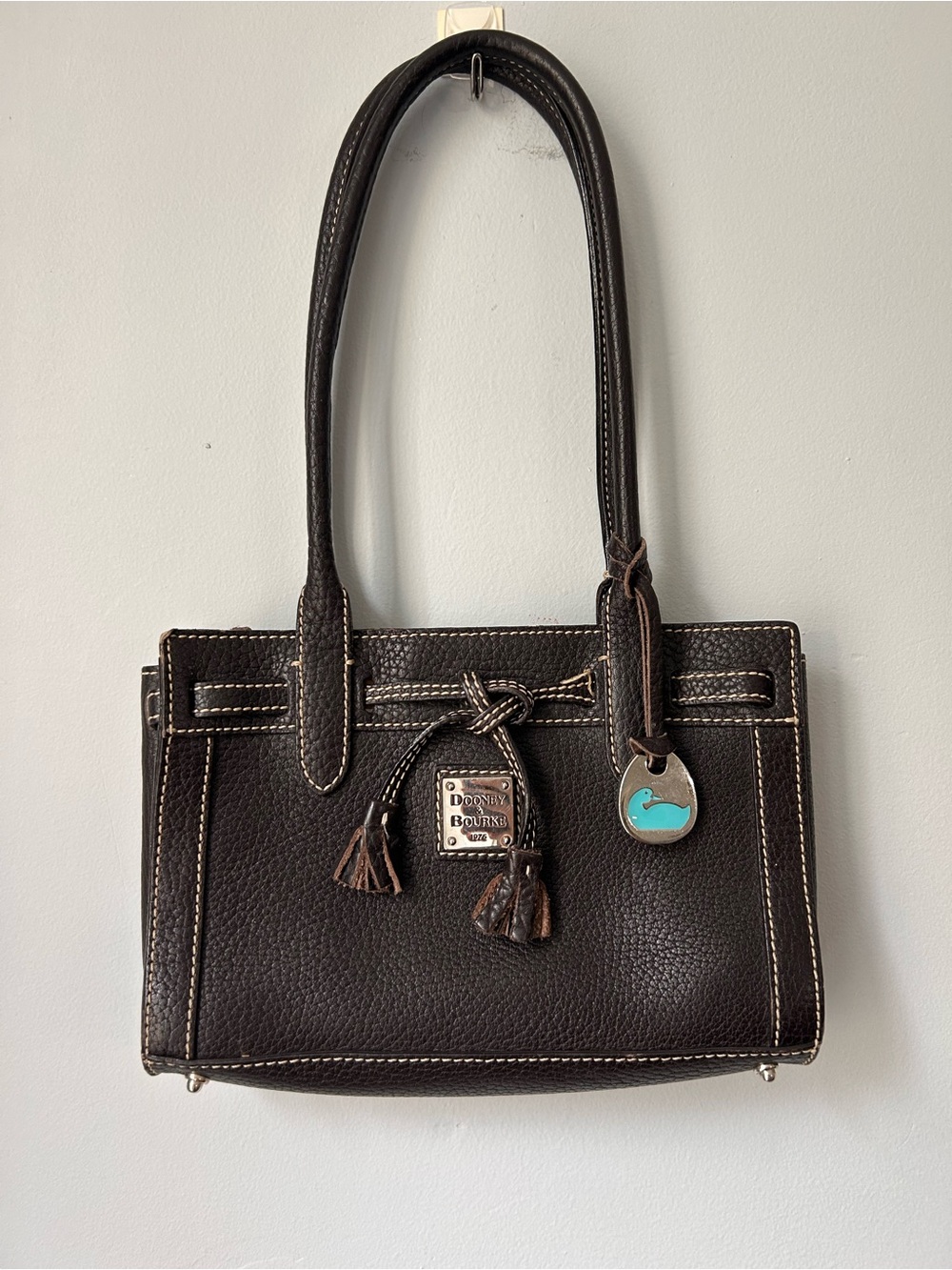 Vintage Dooney & Bourke Black Pebbled Leather Satchel Purse Tassel Charm USA